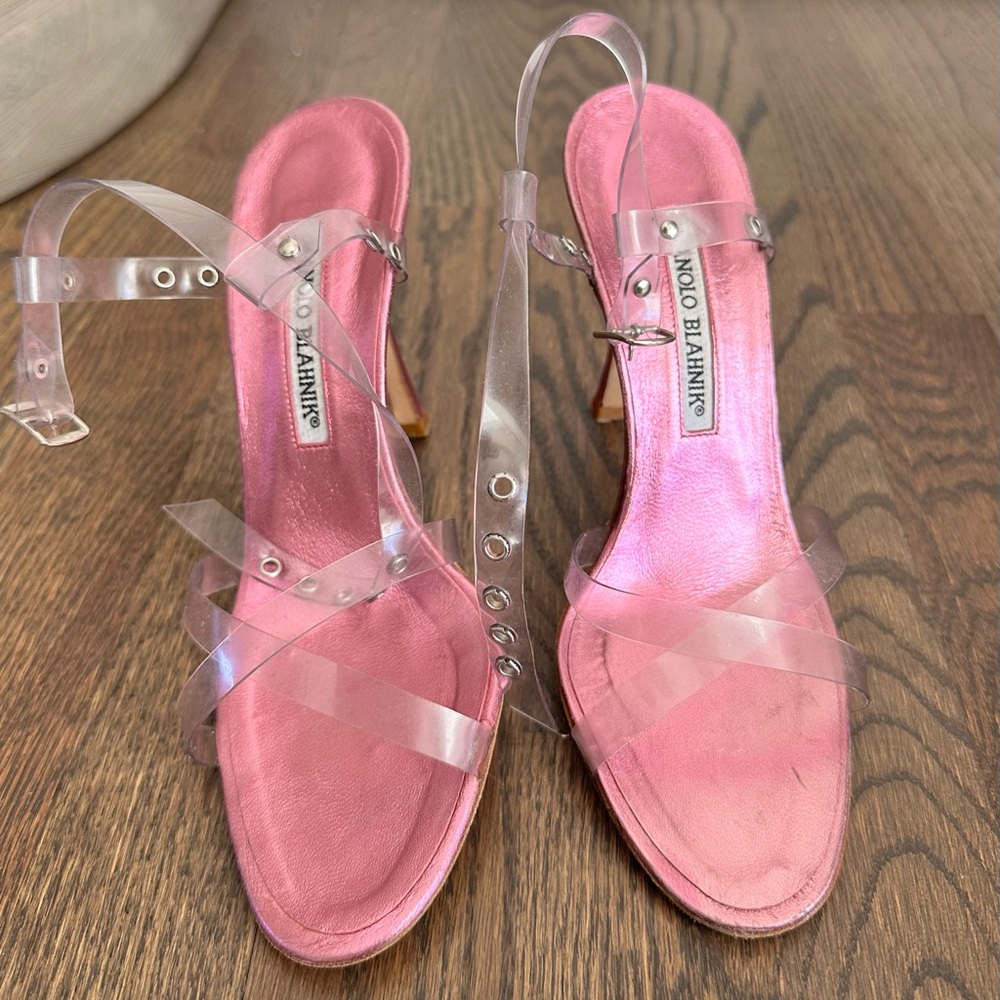 Manolo Blahnik Pink Metallic Leather Sandals with Clear PVC Straps 36.5